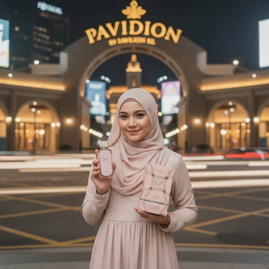 Malaysian hijabi woman at Pavilion KL holding Hayaati Florence perfume luxurious