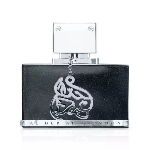 Black perfume bottle with Arabic text on a white background