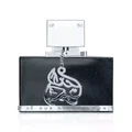 Black perfume bottle with Arabic text on a white background