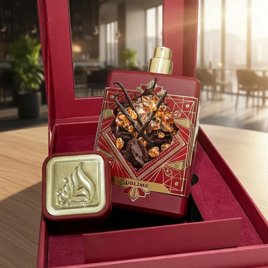 Red and gold perfume bottle with decorative packaging on a light background