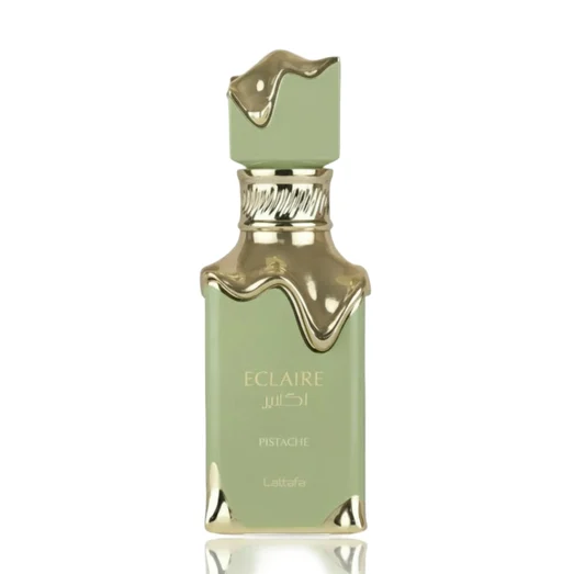 Green perfume bottle with gold accents on a white background