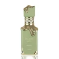 Green perfume bottle with gold accents on a white background