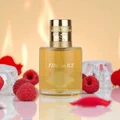 Perfume bottle labeled 'FIRE on ICE' with raspberries and candles in the background