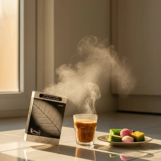 Lattafa Najdia perfume packaging with a leaf design on a white background