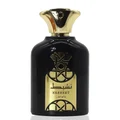Black perfume bottle with gold cap and label on a white background