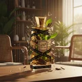 Lattafa Oud Mood 100 ml – Decorative bottle with gold accents and green leaves on a table in a softly lit room