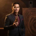Malay man with oud wood backdrop holding Maahir – scent woody spicy