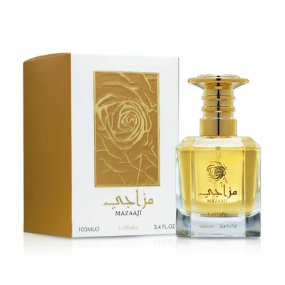 Mazaaji perfume bottle and packaging with gold and white design on a white background