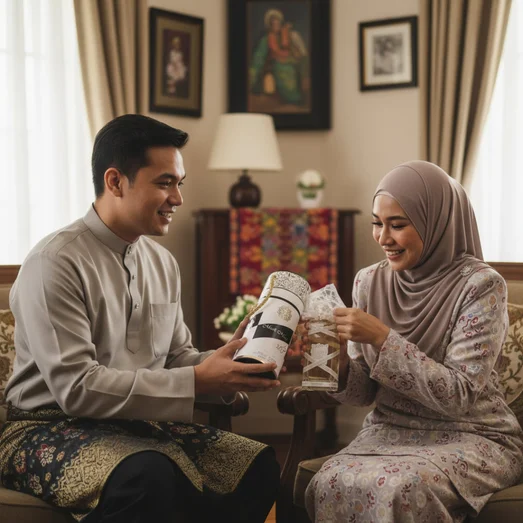 Man and woman in traditional attire exchanging gifts in a living room