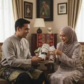 Man and woman in traditional attire exchanging gifts in a living room