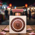 Nebras Elixir at Malaysian night market table with pink‑gold neon reflections, rose and vanilla hint; clear product