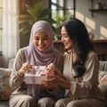 Now Women - Malay hijabi woman smiling joyfully as her non-hijabi friend gifts her a perfume Now pink – emotional friendship perfume scene