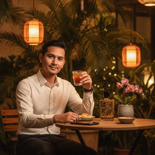 Malay man with Oud Lail Maleki at cafe outdoor – atmosphere evening hangat