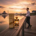 perfume Oud Mood on pagar tasik Putrajaya waktu matahari terbenam with n man