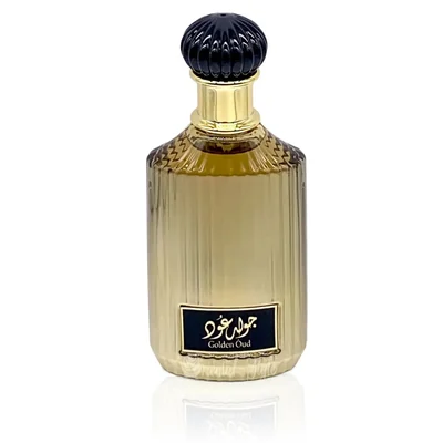 Perfume bottle with a gold body and black cap on a white background