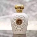 Opulent Perfume bottle with gold cap and intricate design on a blurred background