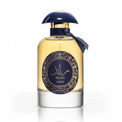 Green perfume bottle with gold accents on a white background