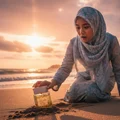 Woman in hijab pouring sand into a jar on a beach at sunset