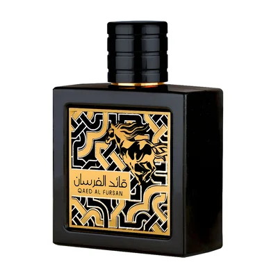 Gold perfume bottle with black label on a white background lattafa perfumes