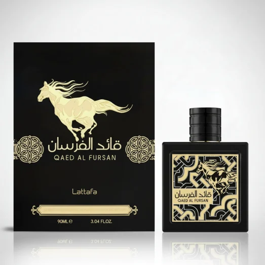 Box dan bottle Qaed Al Fursan Lattafa fragrance men's warm woody premium vibe
