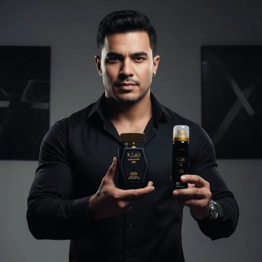 n man berbaju hitam holding Raghba for Men, aura masculine strong