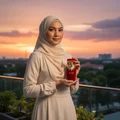 Gadis berhijab holding Sakeena by Lattafa at balkoni – atmosphere sunset soft