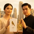 Malay couple sharing Shaheen Gold by Lattafa perfume on balcony KL skyline unisex fragrance