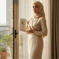 Malay woman with Shaheen Gold by Lattafa perfume at sunrise balcony luxury unisex fragrance