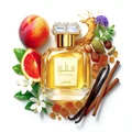 Sutoor Lattaqa perfume bottle surrounded by fruits, spices, and flowers on a white background