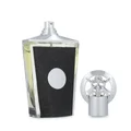 Perfume bottle with black and silver design on a white background
