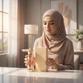 n hijab woman holding Teriaq Lattafa perfume pink soft feminine