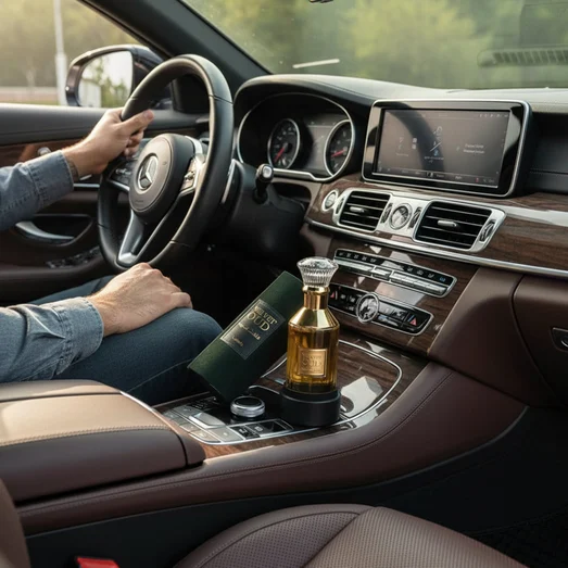 Velvet Oud in car, hand men's at steering wheel