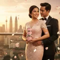 Malay couple on balcony during sunset hugging as woman holds perfume gift – romantic fragrance