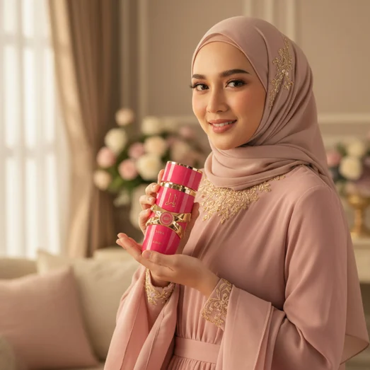 Malaysian hijab woman holding Yara Candy with sweet smile