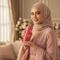 Malaysian hijab woman holding Yara Candy with sweet smile