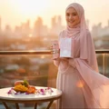 Malay hijabi woman smiling at golden hour balcony holding perfume gift with tangerine sky and orchids – tropical vanilla fragrance