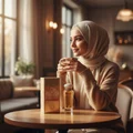 hijab woman at cafe with Athena on table
