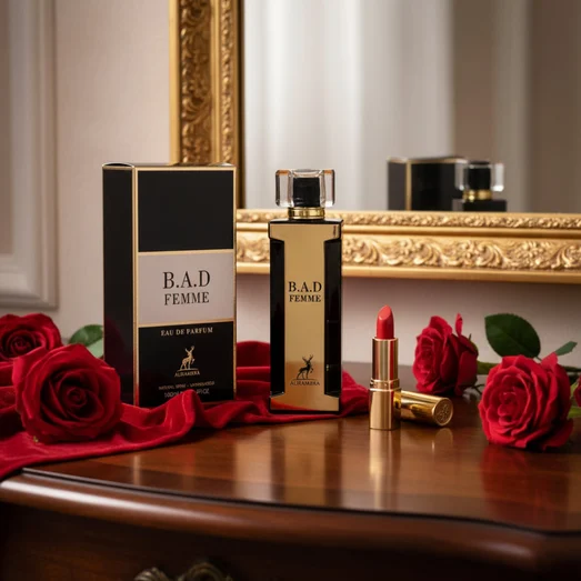 BAD Femme di meja solek dengan accent merah glam