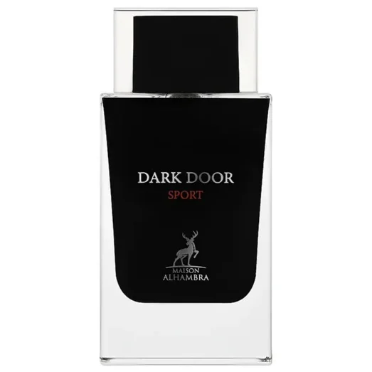 Perfume bottle labeled 'Dark Door Sport' on a white background