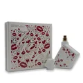 Perfume set with a decorative box featuring red lips and hearts on a white background