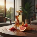 Brulant Oud Maison Alhambra men fragrance with gold cap on a table with fruit, in a room with a view of nature