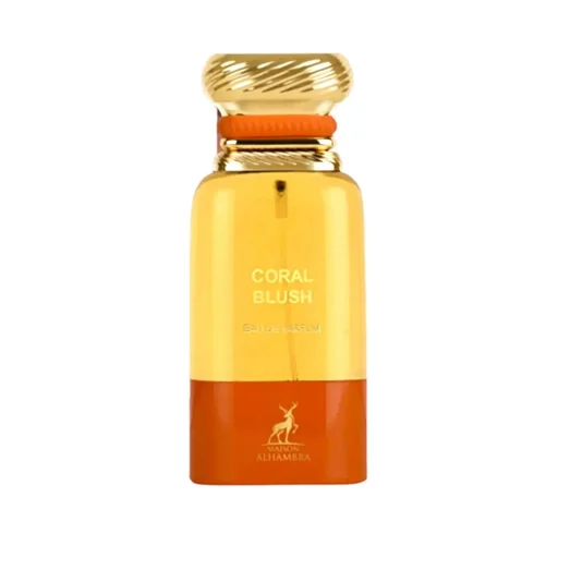 Perfume bottle labeled 'Coral Blush' with a gold cap on a white background