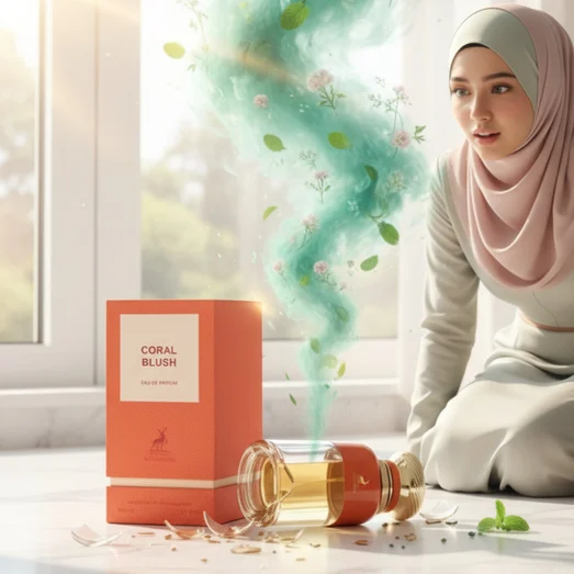 Coral Blush perfume bottle and packaging on a wooden surface with a blurred background