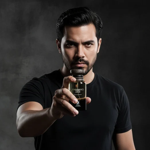 n man berbaju hitam holding Dark Aoud, mood intense