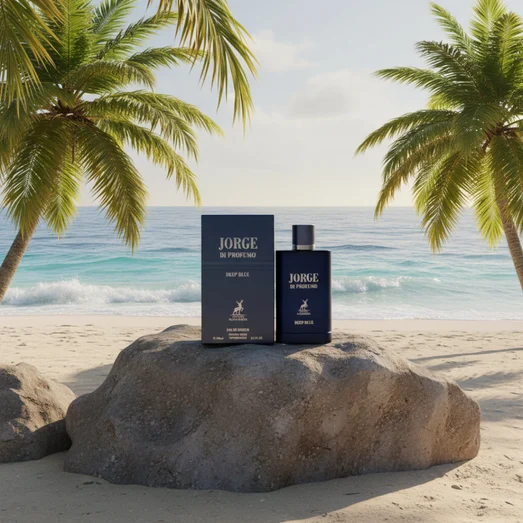 Deep Blue 100 ml by Jorge Di Profumo – on rock at Pantai Cenang Langkawi, soft sea breeze, warm sunlight, tropical marine mood.
