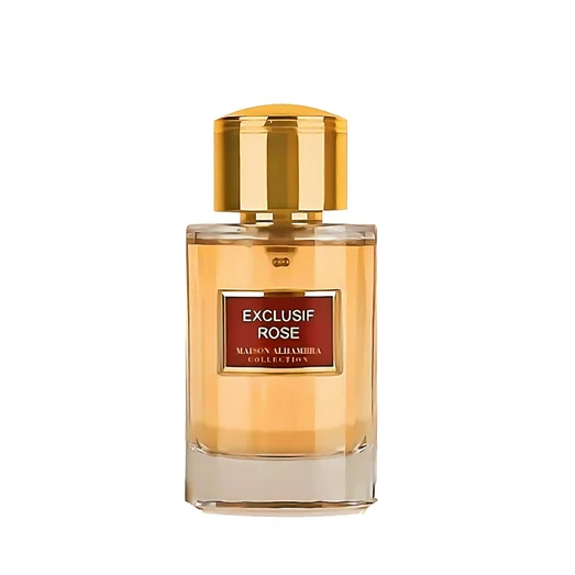 Perfume bottle labeled 'Exclusif Rose' with gold cap on a white background
