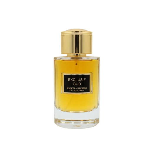 Perfume bottle labeled 'Exclusif Oud' from Maison Alhambra Collection on a white background