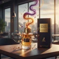 Perfume bottle and packaging of Exclusif Saffron on a table with a cityscape background