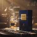 Exclusif Saffron perfume bottle and packaging on a decorative table with smoke effects
