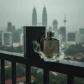 Expose Intense on a rain-damped balcony with vetiver mist and raindrops on glass; KL blur; bottle and box visible.